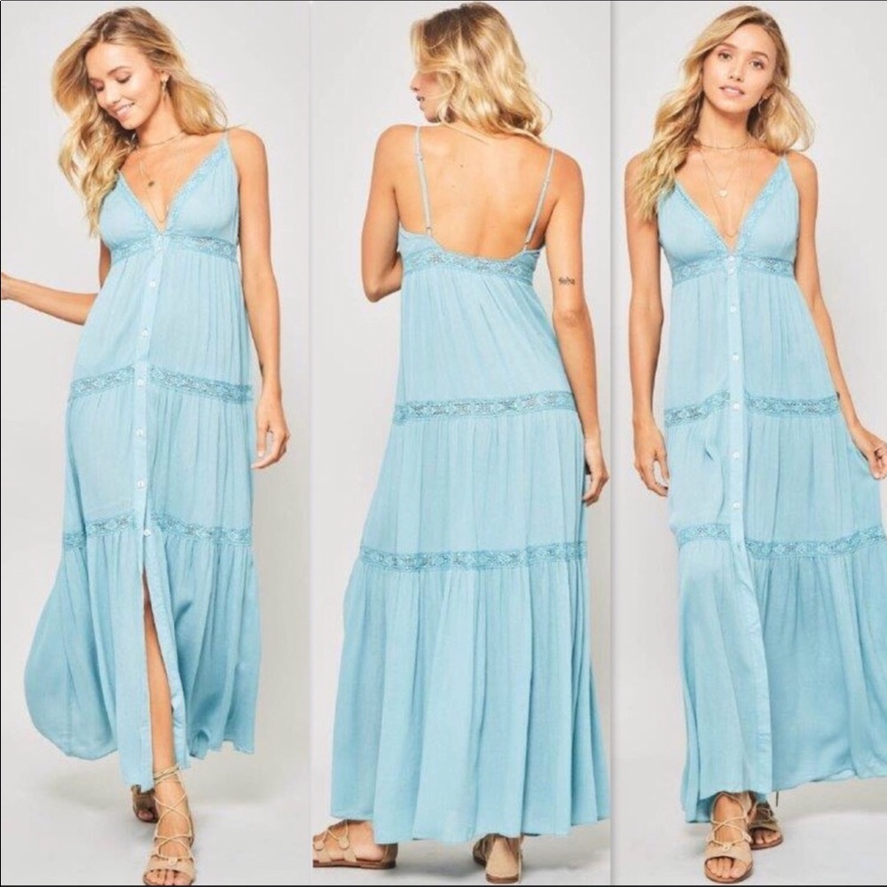 CROCHET TRIM CRINKLED BLUE MAXI